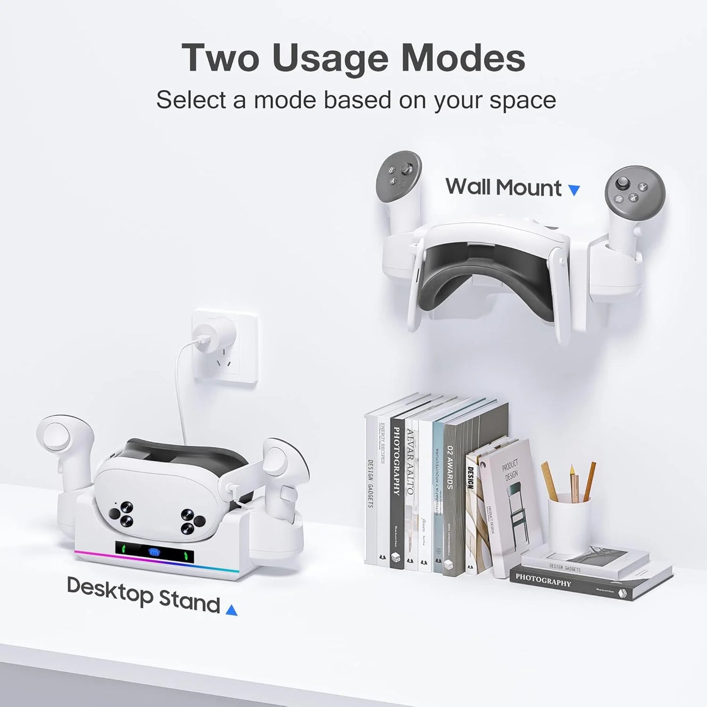 RGB Charging Dock for Oculus/Meta Quest 3S, VR Headset and Controller Fast Charger Base,Wall Mount Charging Stand for Meta Quest 3S Accessories with 2 Rechergeable,Dual-Use