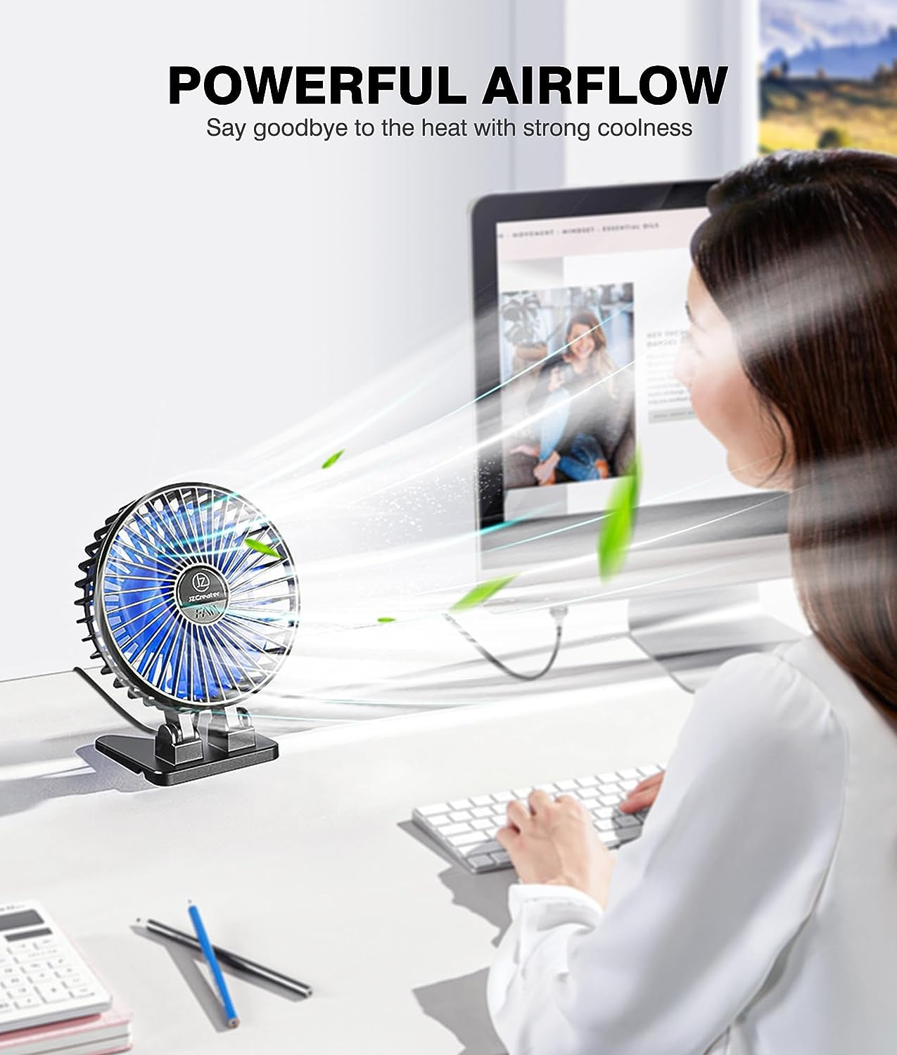 USB Desk Fan, Mini Portable Fans, 3 Speeds Desktop Table Cooling Fan, Plug in Power, Rotation Strong Wind, Quiet Personal Small for Home Office Travel Bedroom, Black Blue