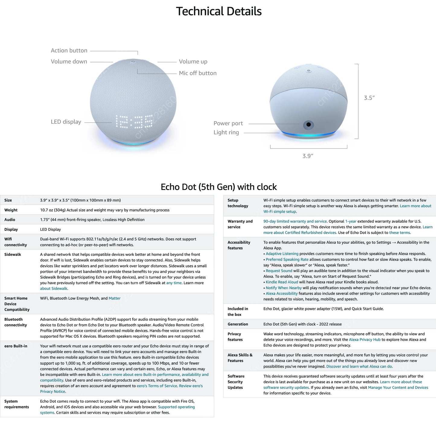 Technical details of an Echo Dot (5th Gen) with clock on a white background