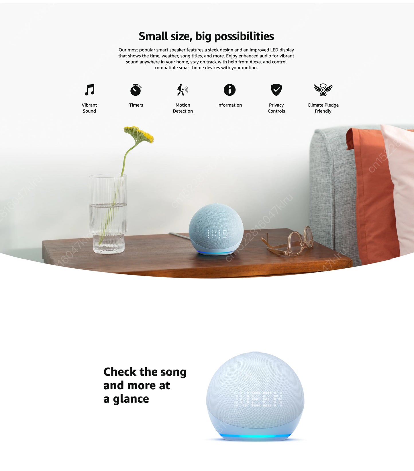 Smart speaker on a table with a vase and glasses, featuring text about its capabilities.