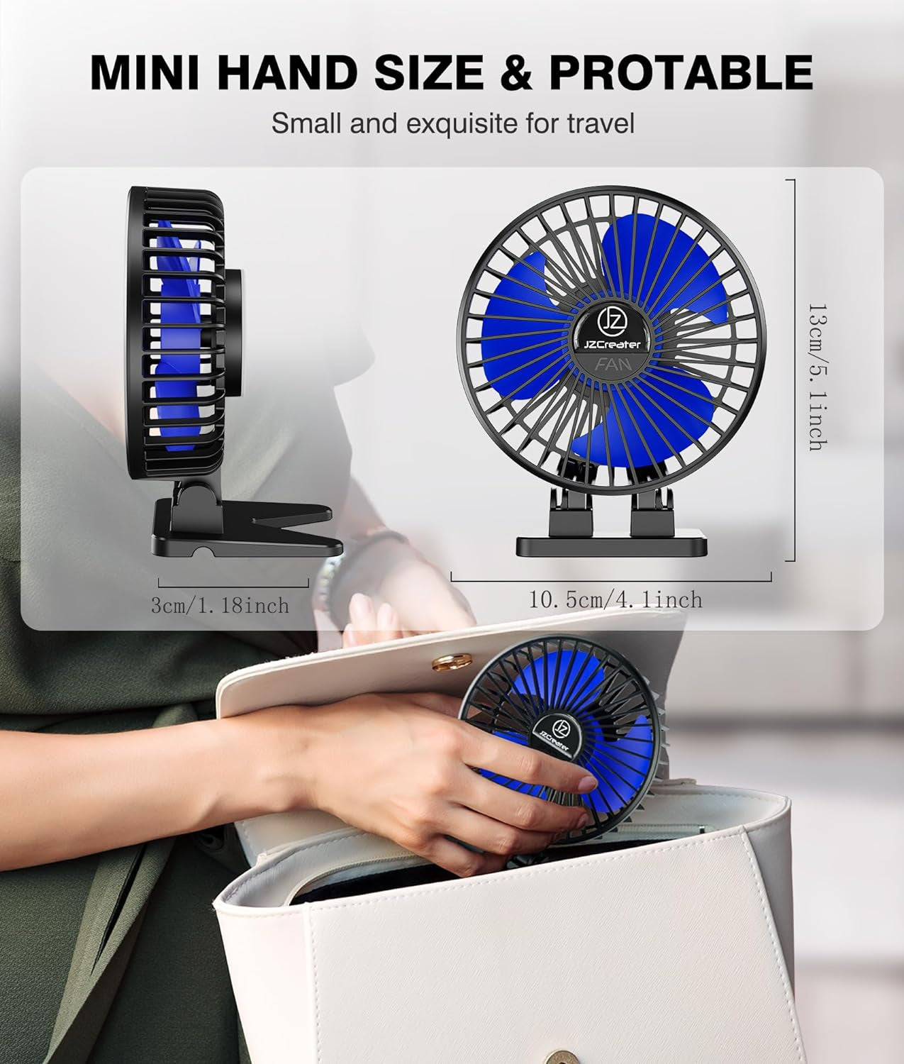 USB Desk Fan, Mini Portable Fans, 3 Speeds Desktop Table Cooling Fan, Plug in Power, Rotation Strong Wind, Quiet Personal Small for Home Office Travel Bedroom, Black Blue