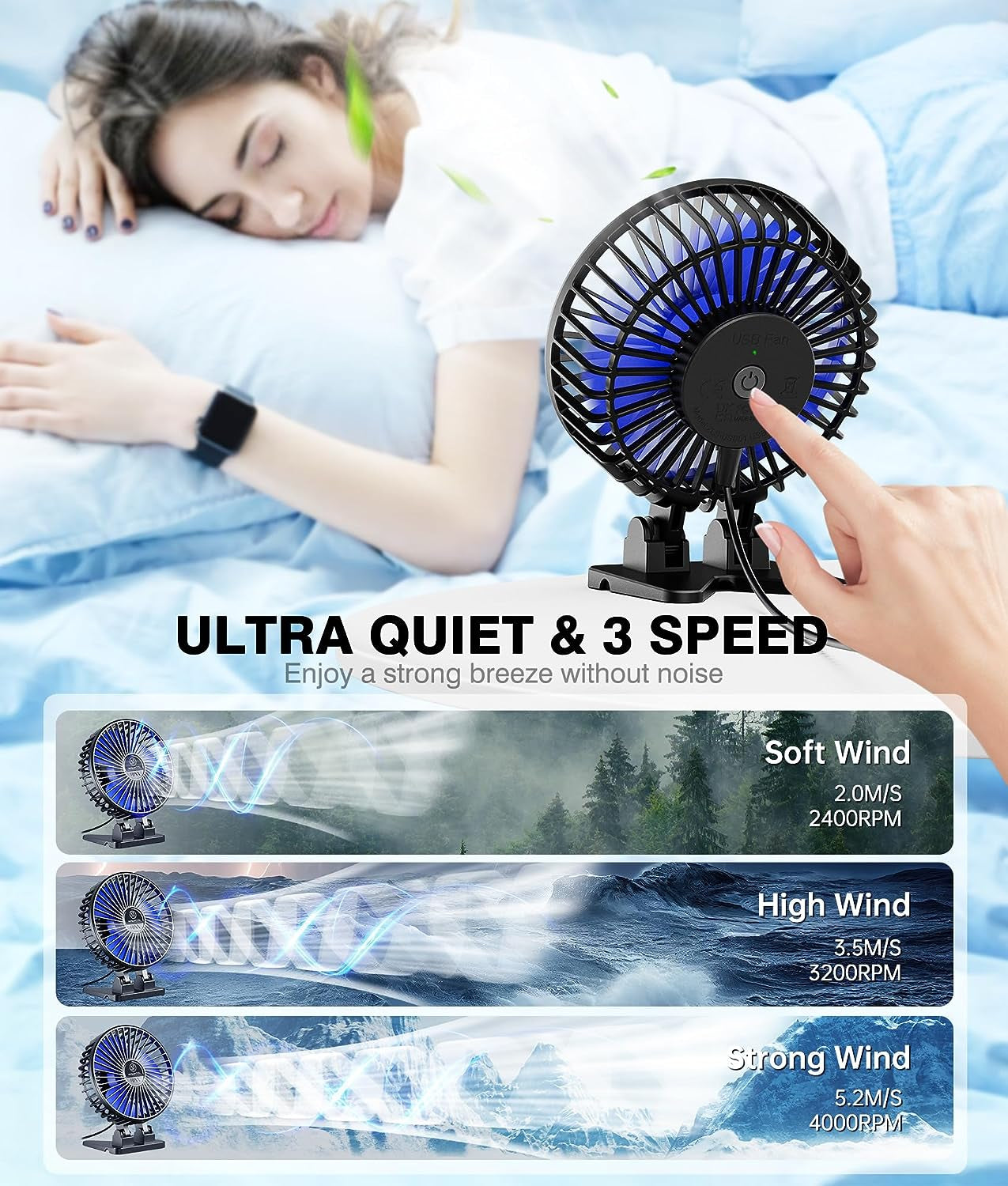 USB Desk Fan, Mini Portable Fans, 3 Speeds Desktop Table Cooling Fan, Plug in Power, Rotation Strong Wind, Quiet Personal Small for Home Office Travel Bedroom, Black Blue