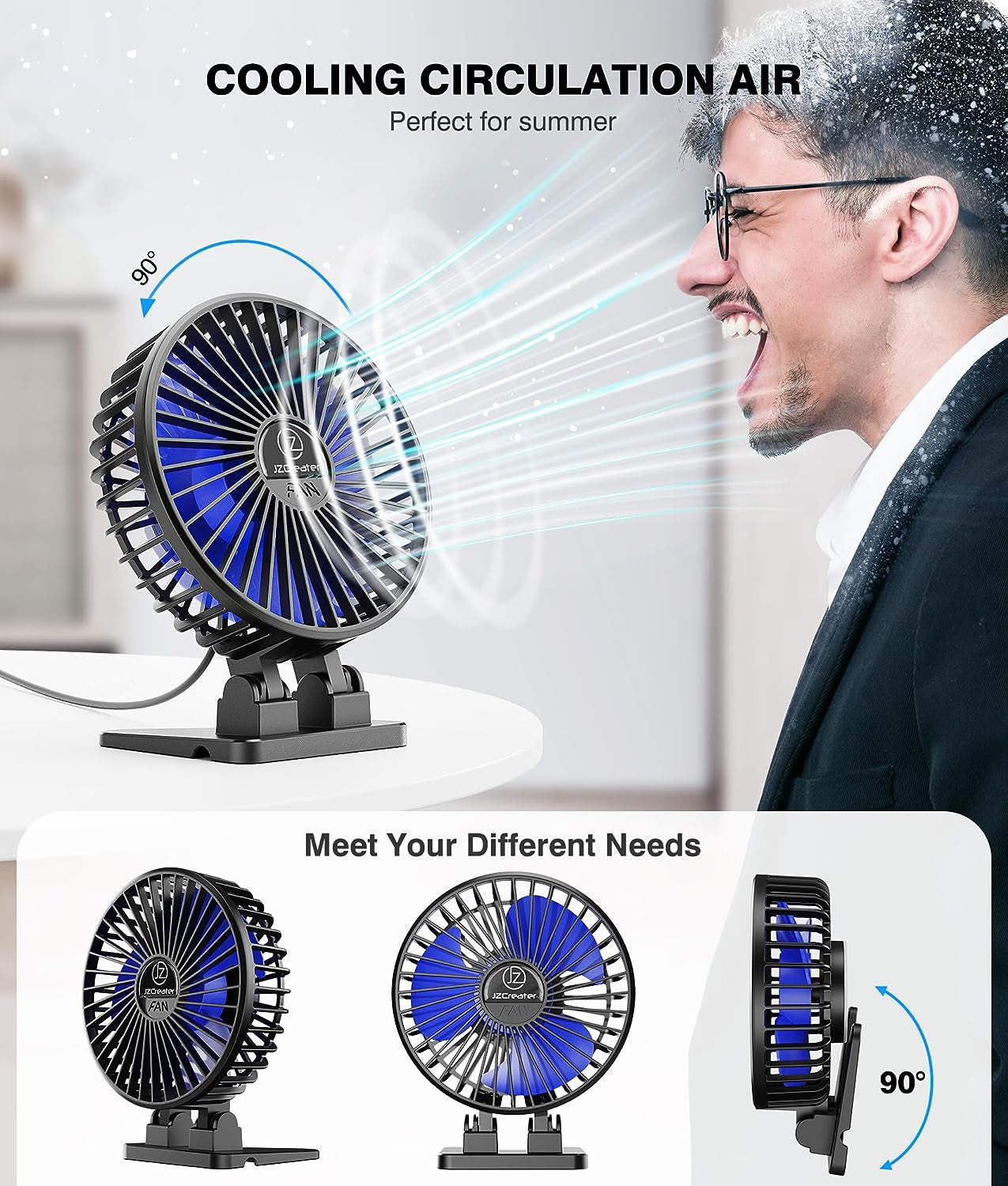 USB Desk Fan, Mini Portable Fans, 3 Speeds Desktop Table Cooling Fan, Plug in Power, Rotation Strong Wind, Quiet Personal Small for Home Office Travel Bedroom, Black Blue
