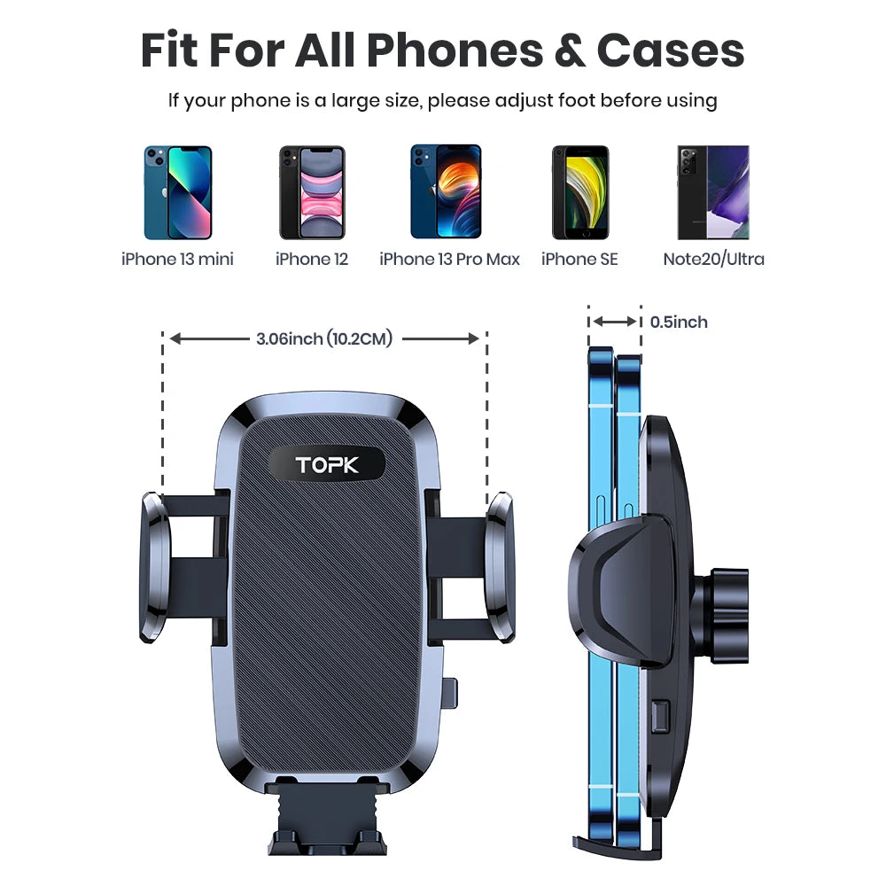 Phone holder with compatibility chart for various phone models on a white background