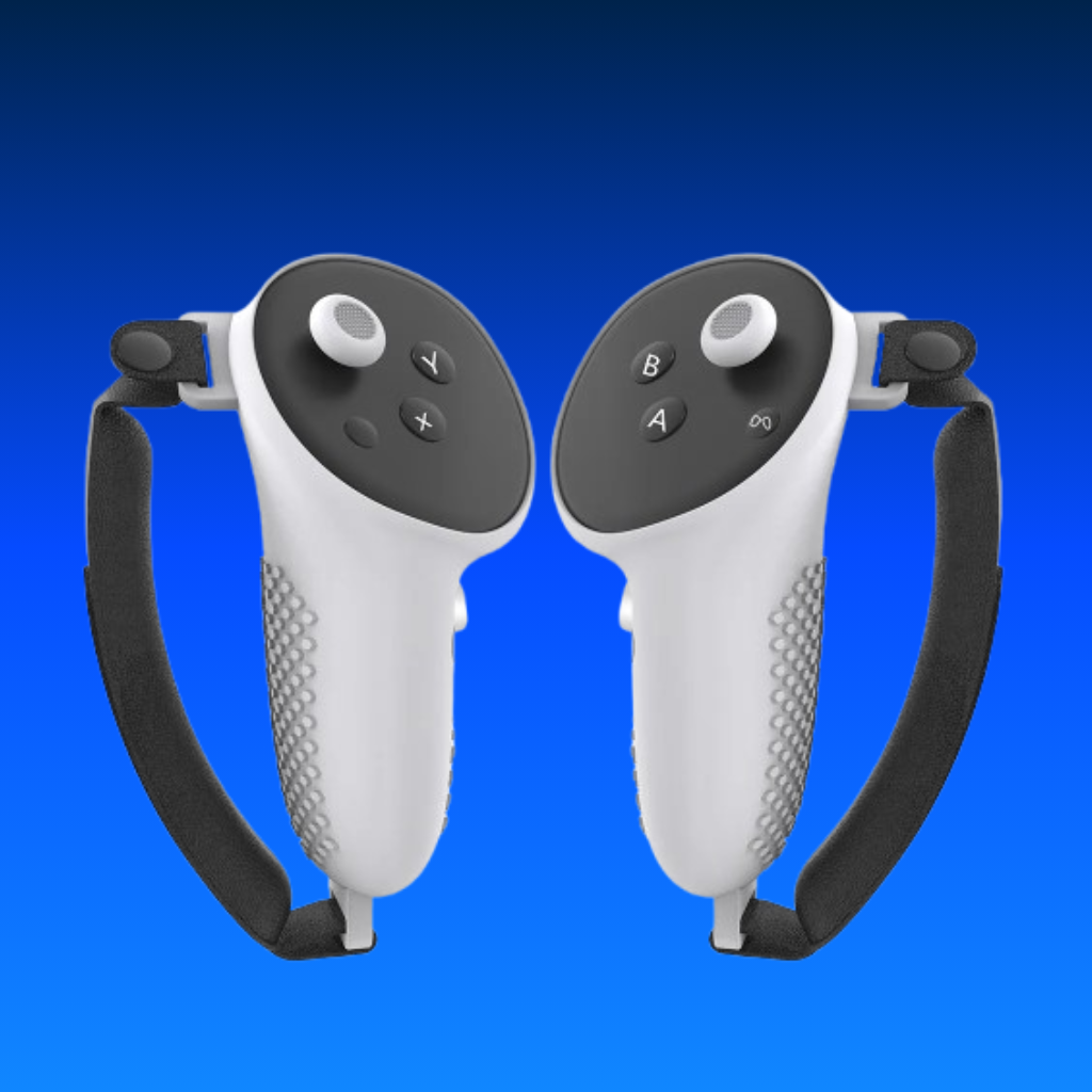 Pair of white gaming controllers with black handles on a blue background
