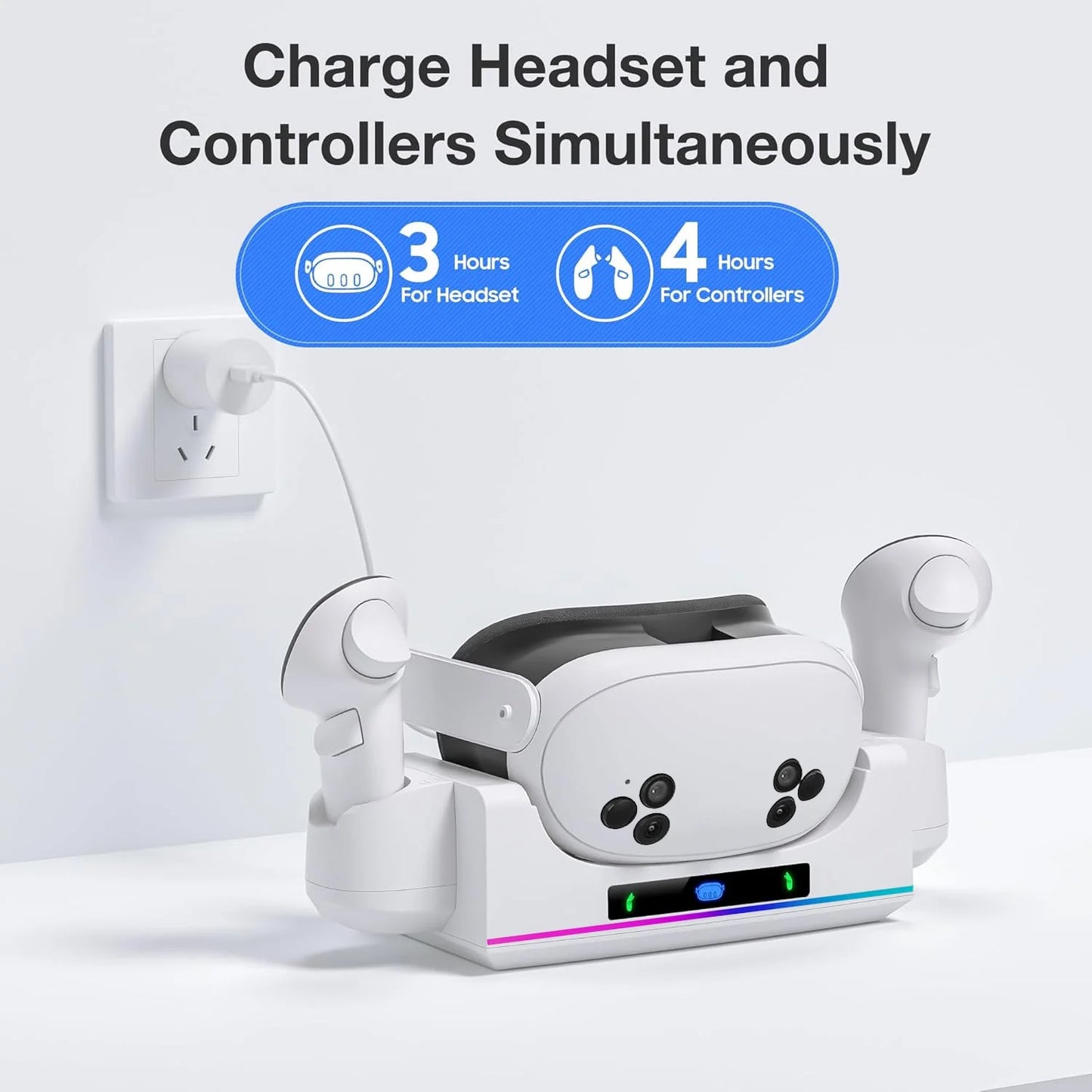 RGB Charging Dock for Oculus/Meta Quest 3S, VR Headset and Controller Fast Charger Base,Wall Mount Charging Stand for Meta Quest 3S Accessories with 2 Rechergeable,Dual-Use