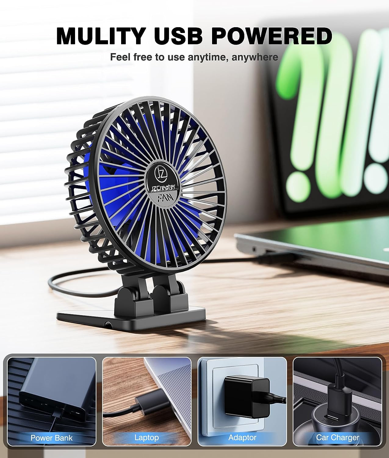 USB Desk Fan, Mini Portable Fans, 3 Speeds Desktop Table Cooling Fan, Plug in Power, Rotation Strong Wind, Quiet Personal Small for Home Office Travel Bedroom, Black Blue