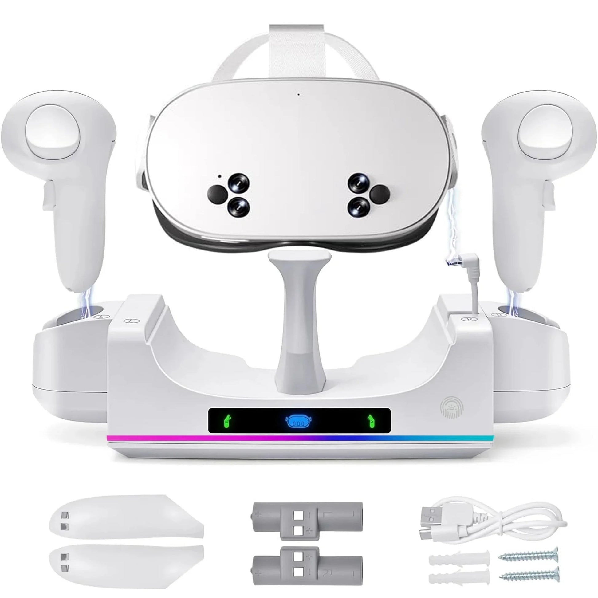 RGB Charging Dock for Oculus/Meta Quest 3S, VR Headset and Controller Fast Charger Base,Wall Mount Charging Stand for Meta Quest 3S Accessories with 2 Rechergeable,Dual-Use