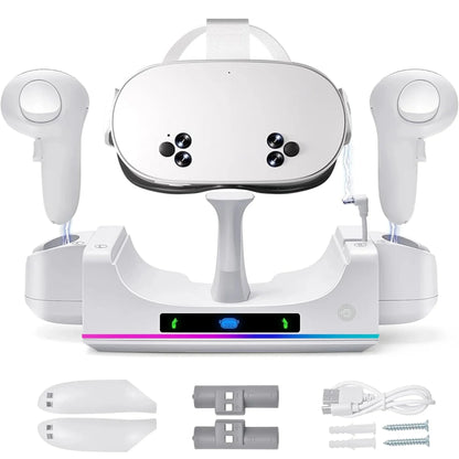 RGB Charging Dock for Oculus/Meta Quest 3S, VR Headset and Controller Fast Charger Base,Wall Mount Charging Stand for Meta Quest 3S Accessories with 2 Rechergeable,Dual-Use