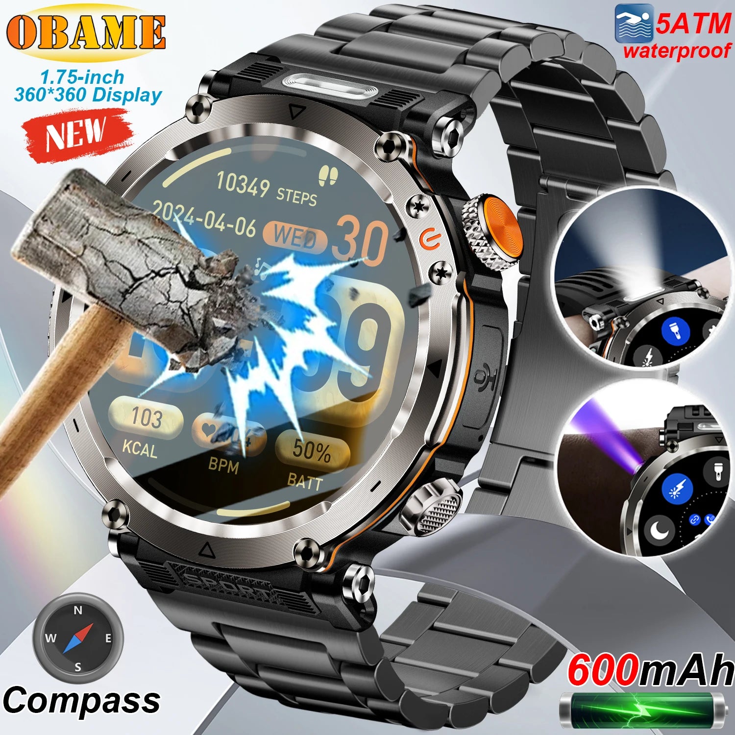 5ATM Outdoor Smart Watch Men 600Mah LED Flashlight Smartwatch Compass Bluetooth Call Heart Rate IP 68 Sports Smartwatch 2025 New
