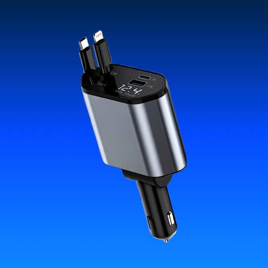 Multi-port charging adapter with digital display on a blue background