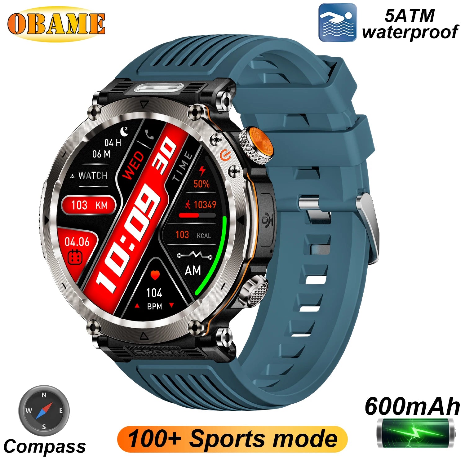 5ATM Outdoor Smart Watch Men 600Mah LED Flashlight Smartwatch Compass Bluetooth Call Heart Rate IP 68 Sports Smartwatch 2025 New