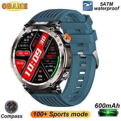 5ATM Outdoor Smart Watch Men 600Mah LED Flashlight Smartwatch Compass Bluetooth Call Heart Rate IP 68 Sports Smartwatch 2025 New