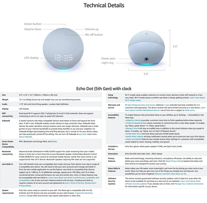 Technical details of an Echo Dot (5th Gen) with clock on a white background