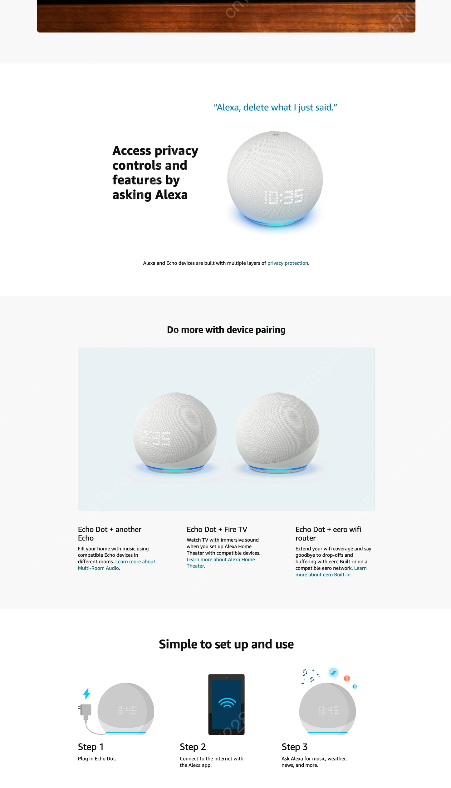 Amazon Echo Dot with text on privacy controls and device pairing on a white background