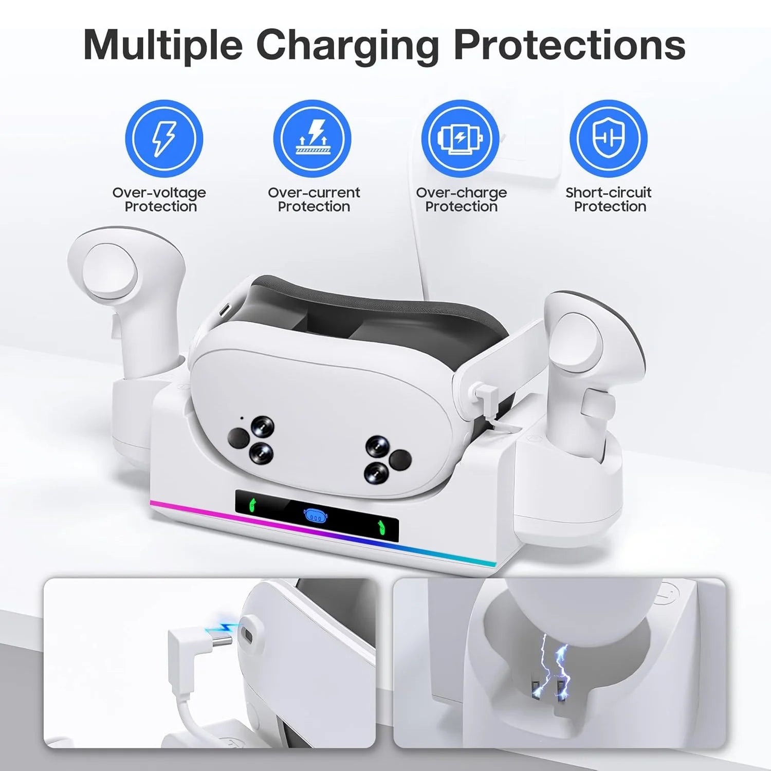 RGB Charging Dock for Oculus/Meta Quest 3S, VR Headset and Controller Fast Charger Base,Wall Mount Charging Stand for Meta Quest 3S Accessories with 2 Rechergeable,Dual-Use