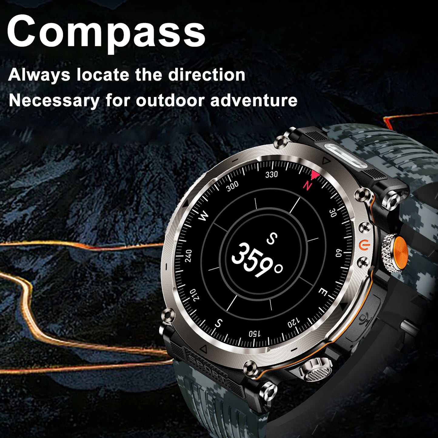 5ATM Outdoor Smart Watch Men 600Mah LED Flashlight Smartwatch Compass Bluetooth Call Heart Rate IP 68 Sports Smartwatch 2025 New