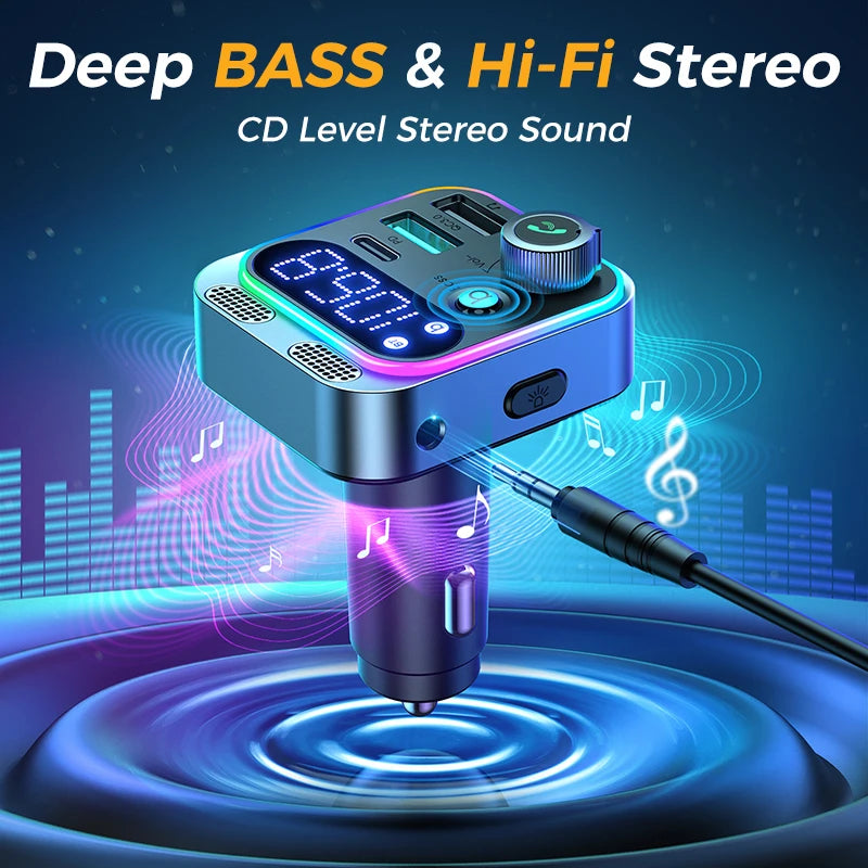 2024 Bluetooth 5.3 FM Transmitter for Car, [Stronger Dual Mics Deep Bass Sound] , 48W PD&QC3.0 Car Charger Bluetooth Adapter