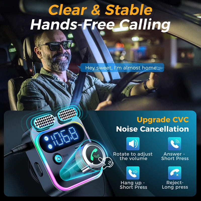 2024 Bluetooth 5.3 FM Transmitter for Car, [Stronger Dual Mics Deep Bass Sound] , 48W PD&QC3.0 Car Charger Bluetooth Adapter