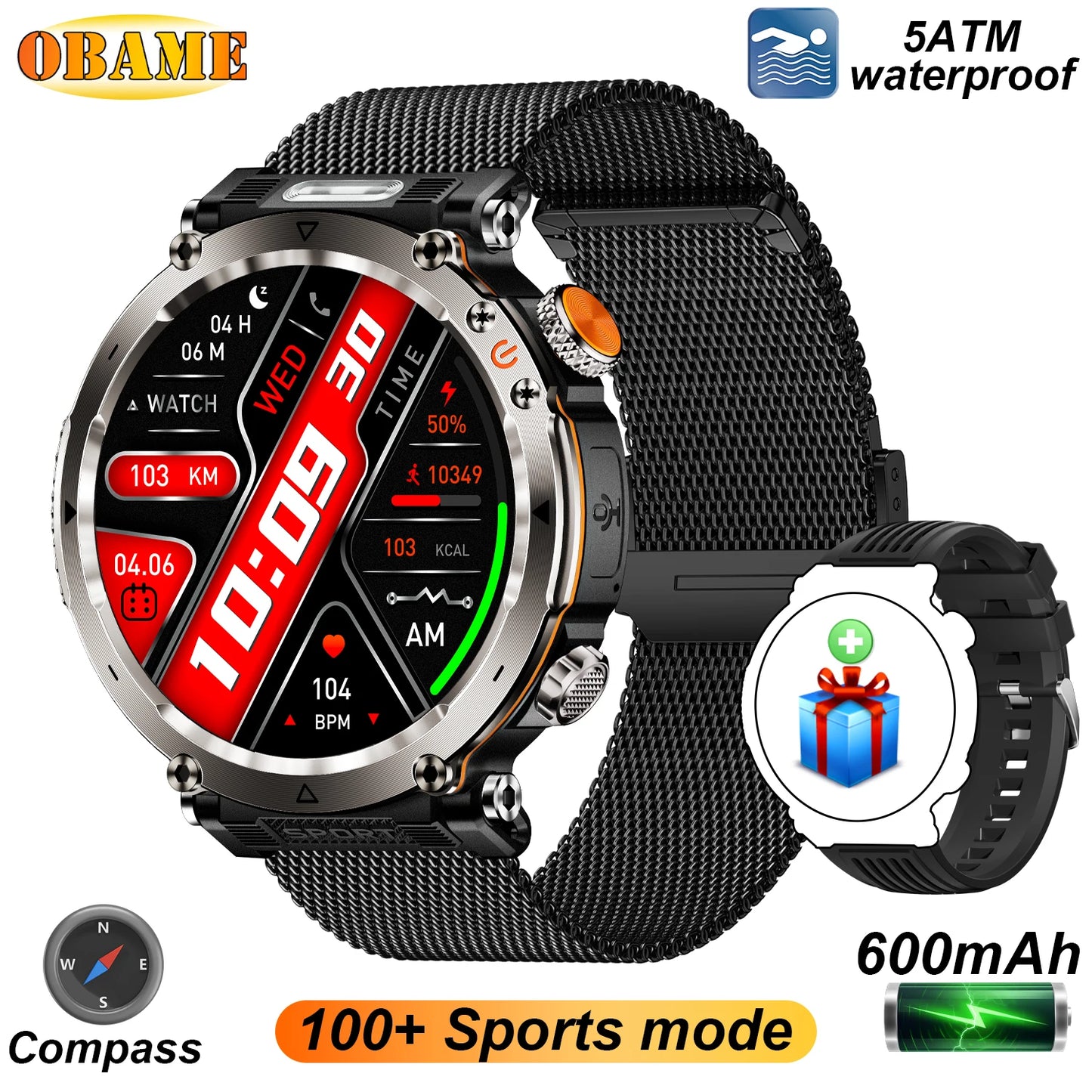 5ATM Outdoor Smart Watch Men 600Mah LED Flashlight Smartwatch Compass Bluetooth Call Heart Rate IP 68 Sports Smartwatch 2025 New