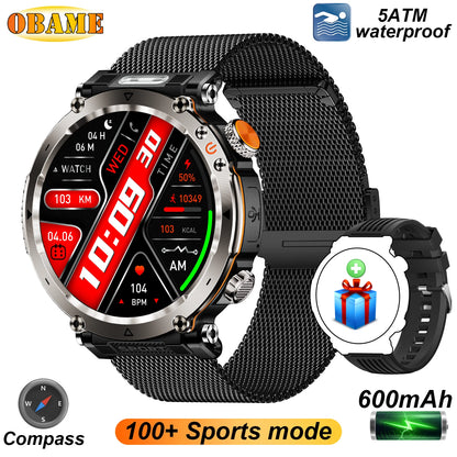 5ATM Outdoor Smart Watch Men 600Mah LED Flashlight Smartwatch Compass Bluetooth Call Heart Rate IP 68 Sports Smartwatch 2025 New