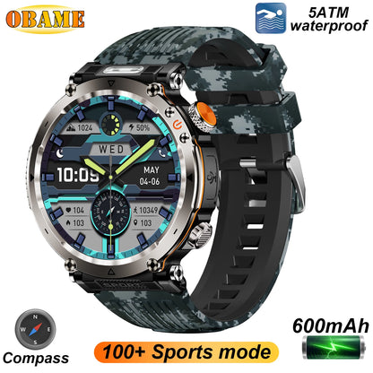 5ATM Outdoor Smart Watch Men 600Mah LED Flashlight Smartwatch Compass Bluetooth Call Heart Rate IP 68 Sports Smartwatch 2025 New