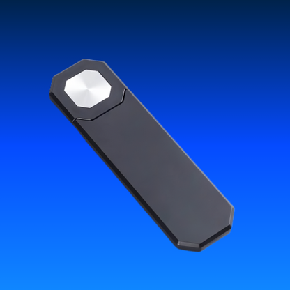 Black and silver device on a blue background