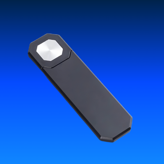 Black and silver device on a blue background