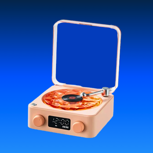 Vintage-style record player with a clear top on a blue background