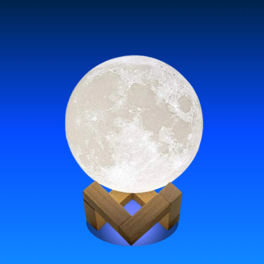 Moon-shaped lamp on a wooden stand against a blue background