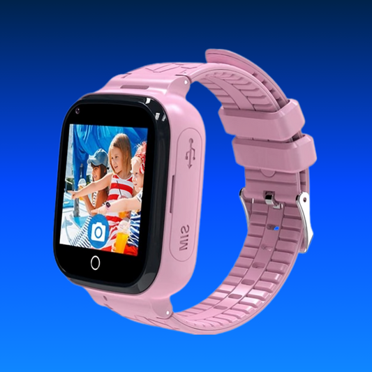 Pink children's smartwatch with a blue background