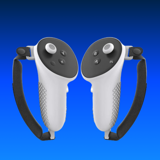 Pair of white gaming controllers with black handles on a blue background