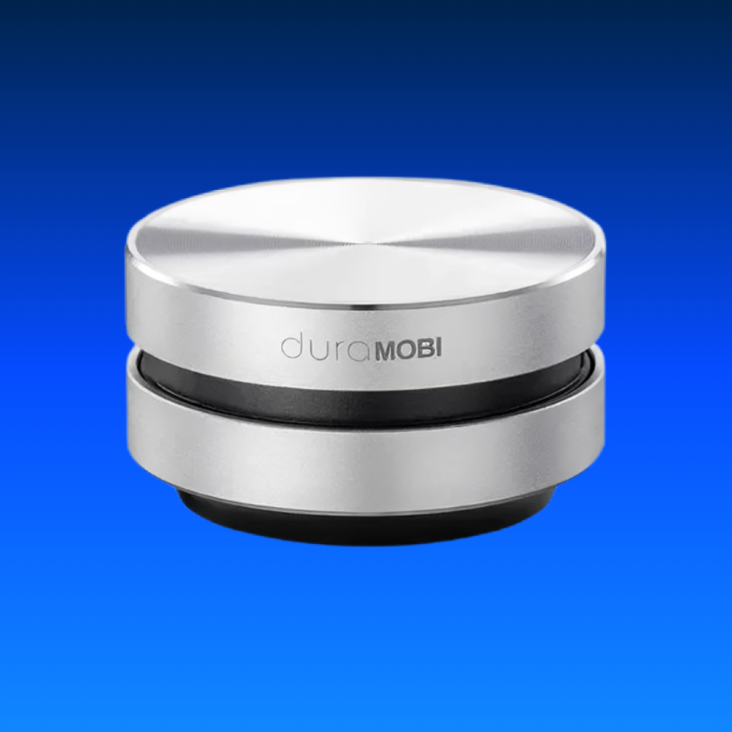 Silver and black device with 'duraMOBI' branding on a blue background