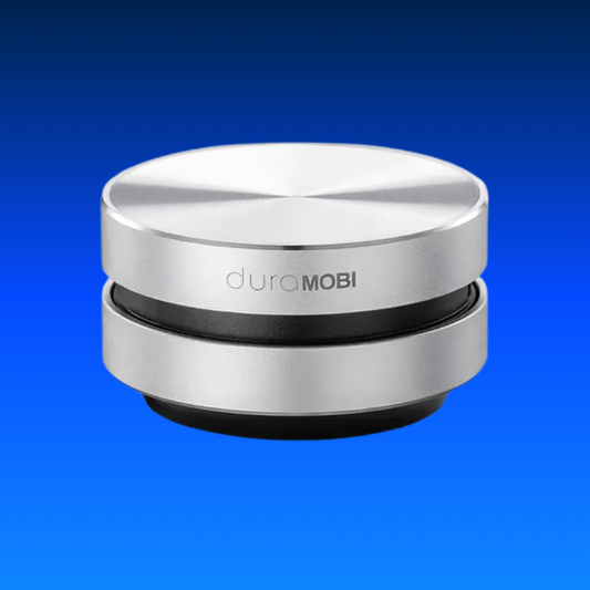 Silver and black device with 'duraMOBI' branding on a blue background