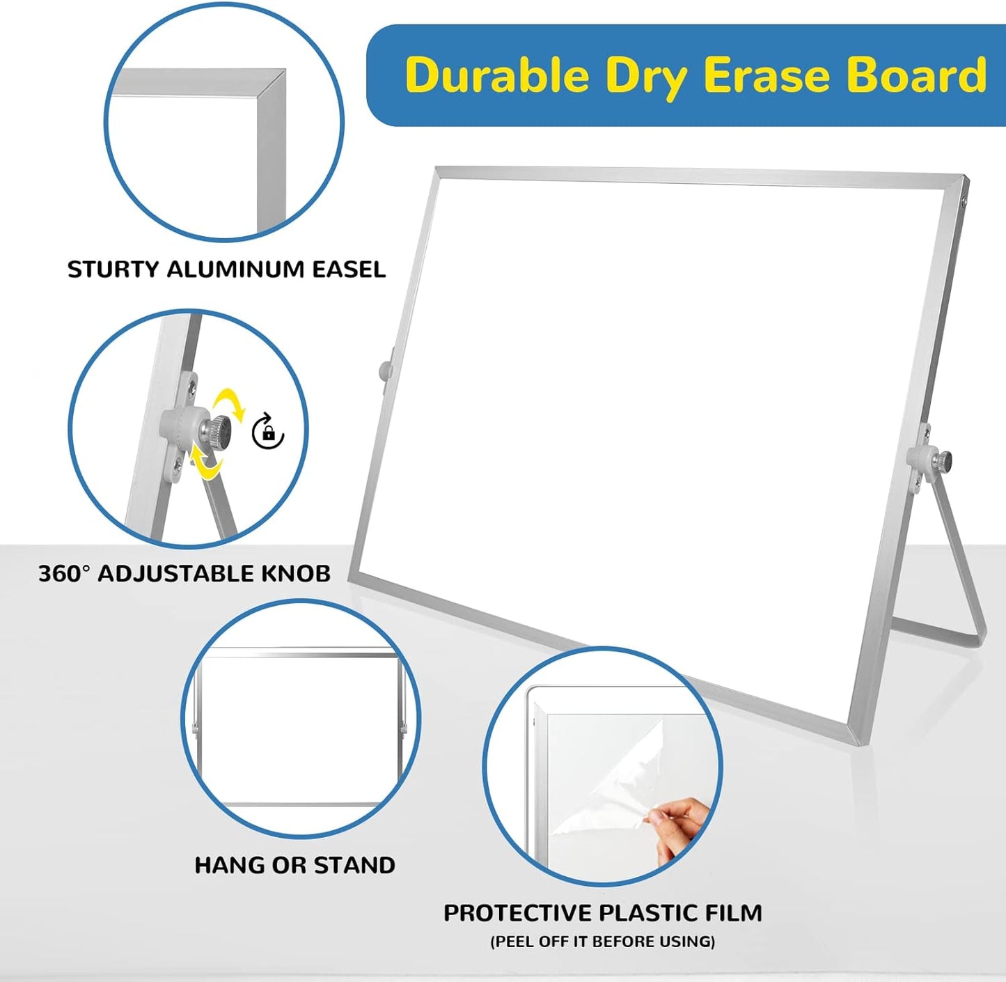 Dry Erase White Board, 16Inx12In Large Magnetic Desktop Whiteboard with Stand, 10 Markers, 4 Magnets, 1 Eraser, Portable Double-Sided White Board Easel for Memo to Do List Desk Office