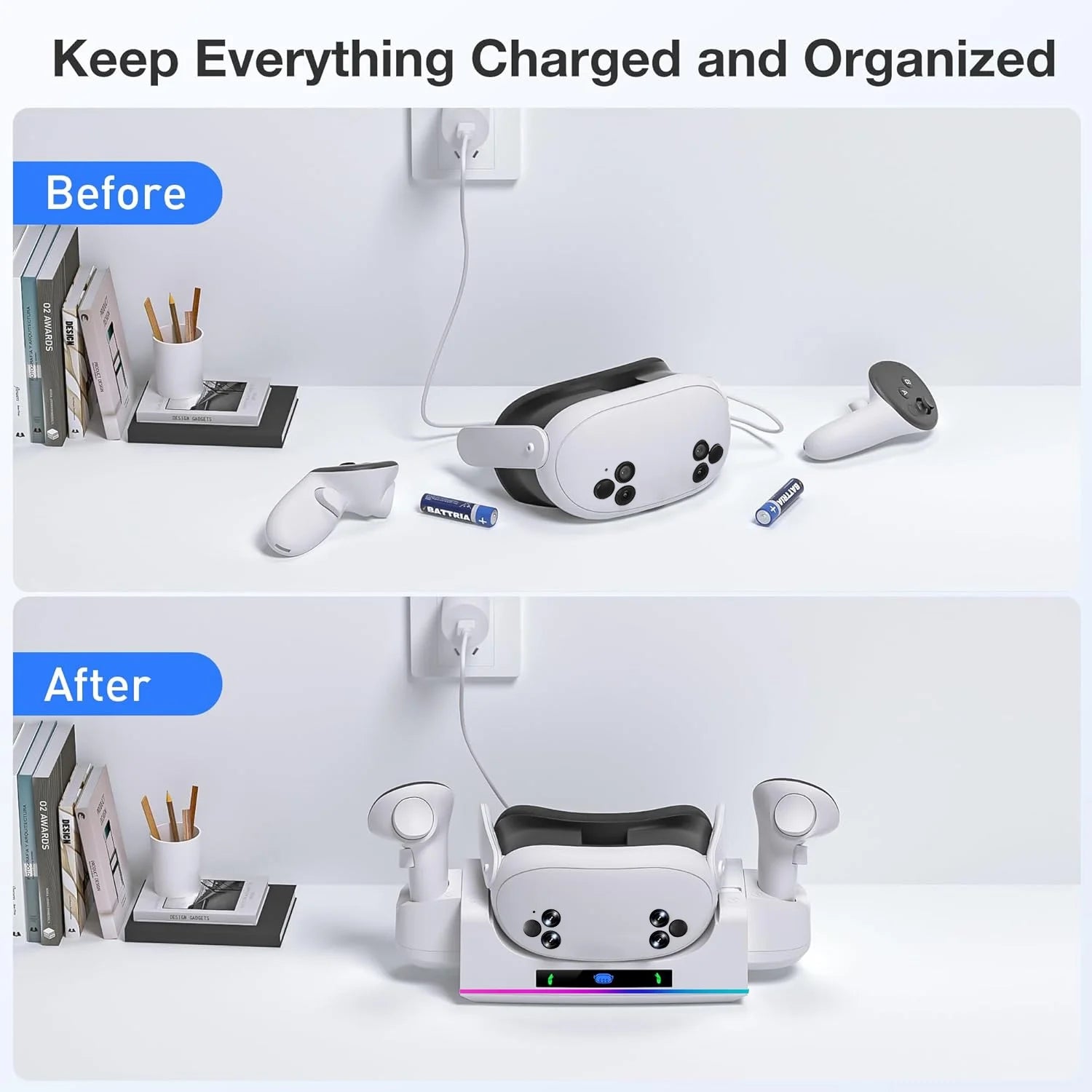 RGB Charging Dock for Oculus/Meta Quest 3S, VR Headset and Controller Fast Charger Base,Wall Mount Charging Stand for Meta Quest 3S Accessories with 2 Rechergeable,Dual-Use