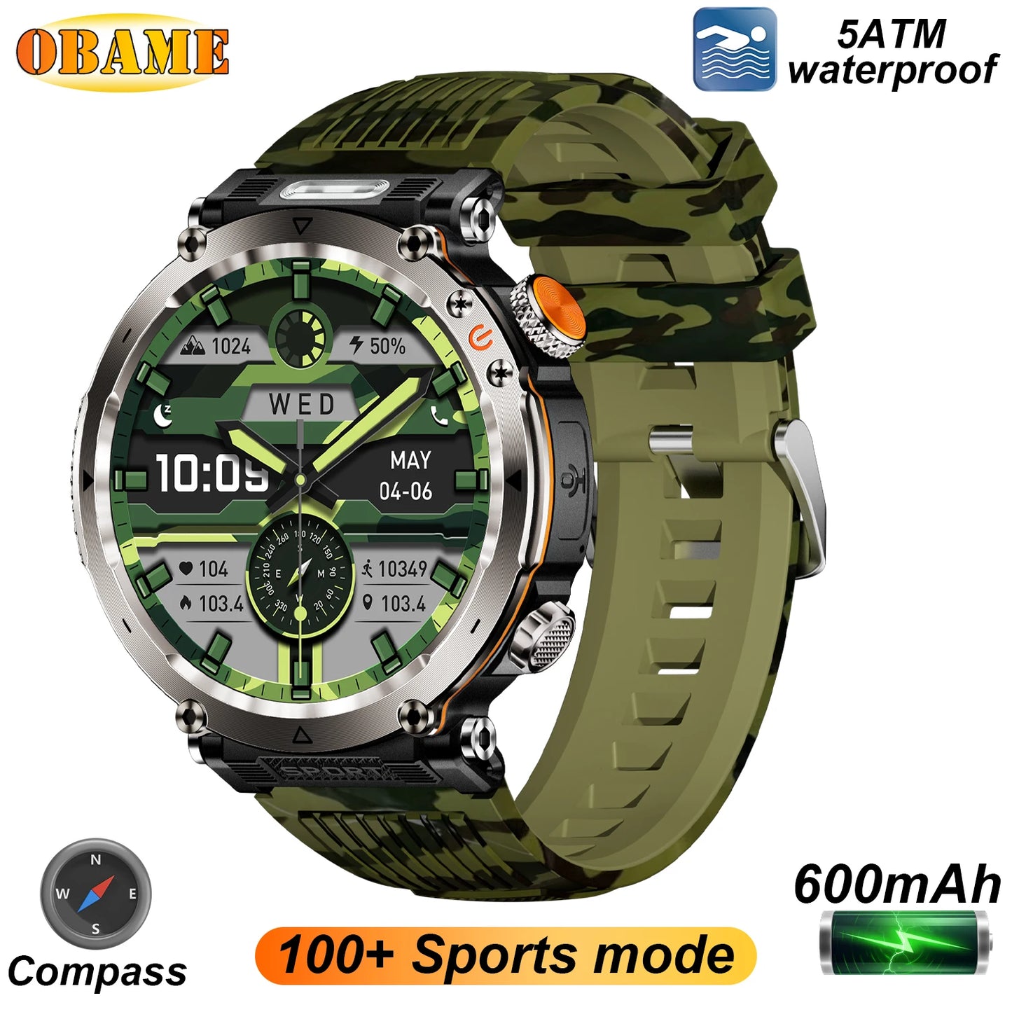 5ATM Outdoor Smart Watch Men 600Mah LED Flashlight Smartwatch Compass Bluetooth Call Heart Rate IP 68 Sports Smartwatch 2025 New