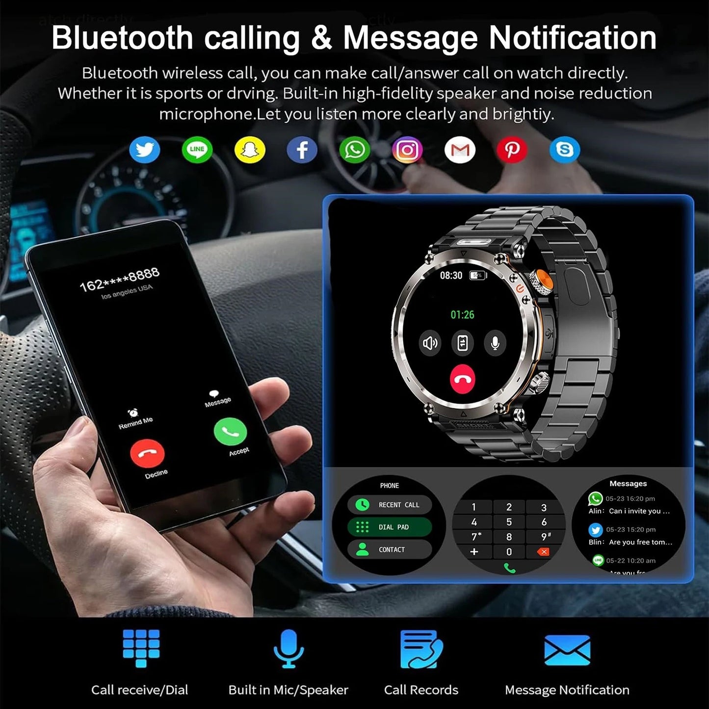 5ATM Outdoor Smart Watch Men 600Mah LED Flashlight Smartwatch Compass Bluetooth Call Heart Rate IP 68 Sports Smartwatch 2025 New