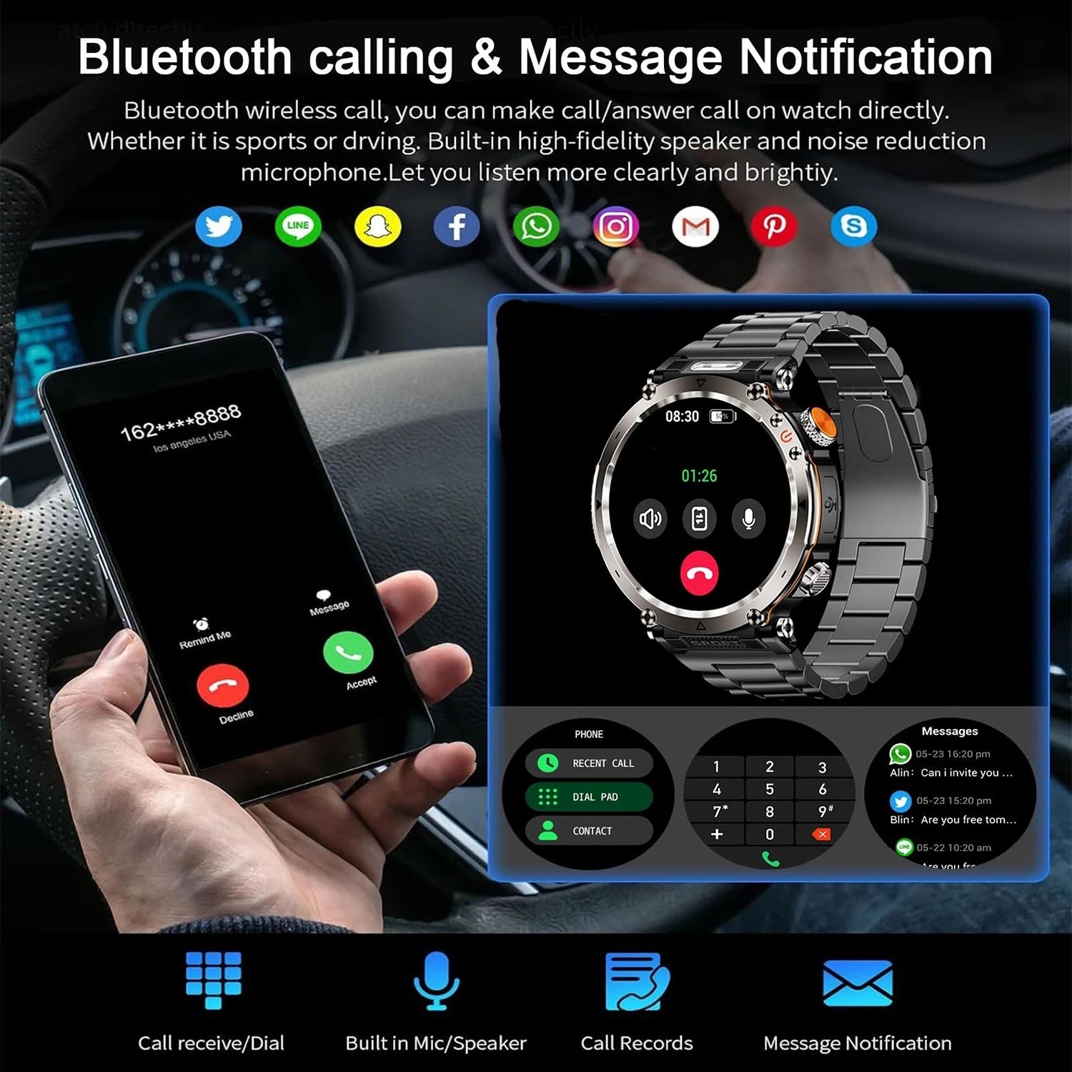 5ATM Outdoor Smart Watch Men 600Mah LED Flashlight Smartwatch Compass Bluetooth Call Heart Rate IP 68 Sports Smartwatch 2025 New